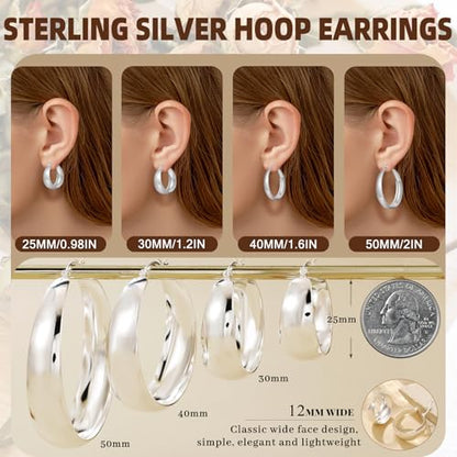 Senteria 12mm Wide Thick Sterling Silver Hoop Earrings Hypoallergenic | 14K Real Gold Plated Hoops Large Earring Lightweight Chunky Hoops Earring for Women Gift for Birthday Christmas 25/30/40/50MM - color: Silver-25mm