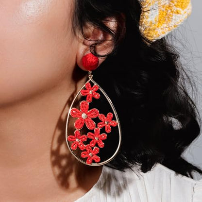Boho Raffia Flower Teardrop Earrings Cute Colorful Dangle Trendy Jewelry | Floral Drop Statement Big Dangling Earring Hypoallergenic Gold Fun Unique Summer Spring Beach Vacation Outfits for Women - color: Red