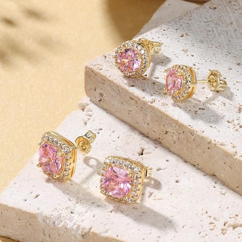 18K Gold Plated Halo Stud Earrings 925 Sterling Silver Cubic Zirconia Stud Earrings Round Square Diamonique Stud Earrings Set for Women Men - color: Gold&Pink