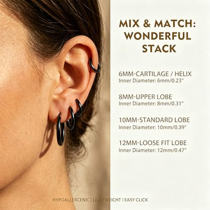 4 Pairs Small Gold Silver Huggie Hoop Earrings for Women Surgical Steel Set | 14K Gold Plated 316L Stainless Steel, 6/8/10/12 mm, Hypoallergenic, Lightweight, Mini Jewelry - color: Black/4 Pairs