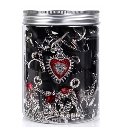 Mystery Jewelry Jar for Women - 40-52 Pcs Surprise Jewelry Jar for Her, Gothic Vintage Boho Jewelry Bundle Box with Earrings Rings Bracelets Necklaces, Halloween Christmas Birthday Gifts - color: Gothic Punk