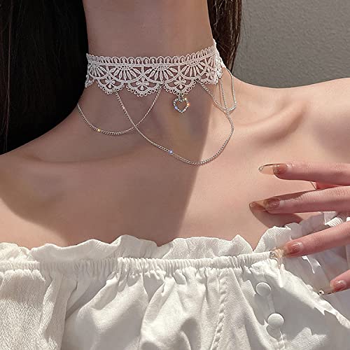 Bethynas Gothic White Lace Sexy Choker Necklace Heart Butterfly Pendant Tassel Collar Neck Chain Bridal Wedding Jewelry for Women Girls - color: Style B