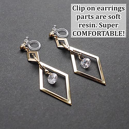 Drop Cubic Zirconia Invisible Clip On Earrings for Women Not Pierced Gold Teardrop Sqaure CZ Crystal Dangle Gold Silver Comfortable Clip On Earrings Bridal Wedding Prom - color: Diamond Gold