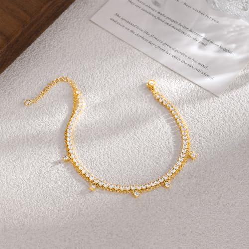 Gold Anklets for Women -14K Gold Plated 2-Strand Layered Ankle Bracelet Waterproof Tarnish Resistant Hypoallergenic Adjustable 8"+2.5" Minimalist Beach Jewelry Gift - style: Stack Anklet 03-GD