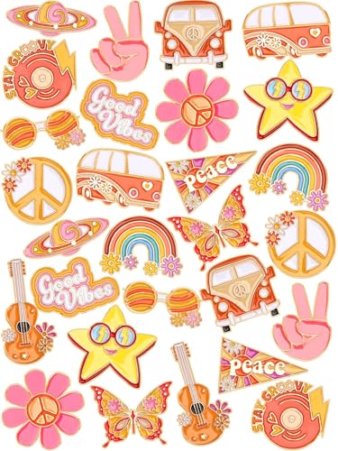 JUNEBRUSHS 28pcs Hippie Enamel Brooch Pins Groovy Retro Butterfly Daisy Flower Ribbon Lapel Pins for Women Girl Clothes Bags Groovy Hippie 60s 70s Party Decorations Accessories - style: Hippie Style