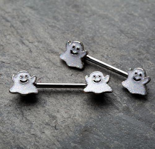 Pierced Owl 14GA 316L Stainless Steel Happy Little Ghost Ends Nipple Barbells, Sold as a Pair - style: Silver Tone