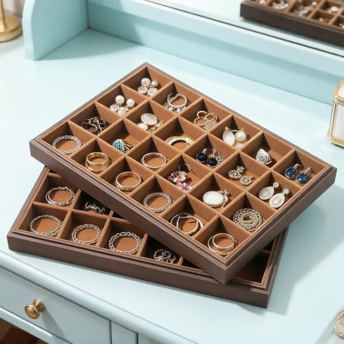 Wood Jewelry Organizer Tray, Earrings Holder (Brown, 2Pc, 24 Grids) | Stackable Earrings Organizer, Earrings Display Tray, 24 Grids Ring Holder, Space-Saving Storage - size: 24Grids+24Grids
