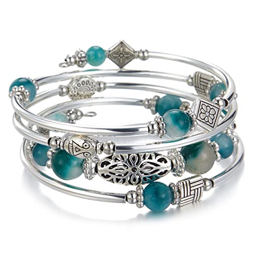 BULINLIN Layered Wrap Bangle Turquoise Bracelet - Bead Bracelet with Natural Agate Stone, Gifts For Women - color: 03-Jade Green