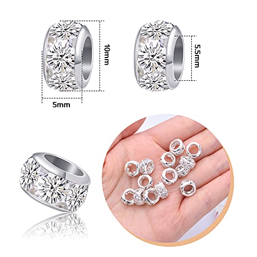 BronaGrand 40pcs 10 mm Silver European Rhinestone Spacer Beads Brass Large Hole Beads Round Rondelle Loose Charm Beads for Snake Chain Bracelet Necklace Jewelry Making Supplies, Hole: 5.5 mm - color: Silver, size: 10MM
