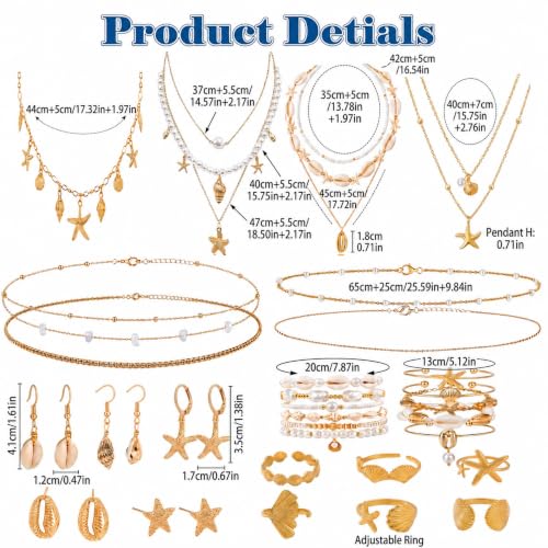 Boho Beach Jewelry Sets for Women | Summer Seashell Starfish Accessories, Necklace, Earrings, Rings Anklet - style: 35pcs Ocean Beach Set