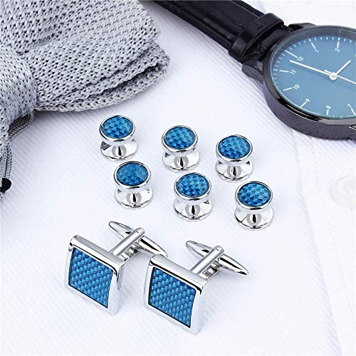 Mens Cufflinks and Tuxedo Studs Set in Gift Box (Carbon Fiber), Jewelry or Accessories in Gold Silver Black Tone, Matching with Shirts Vest and Bow tie, Suitable for Birthday Wedding Anniversary - color: Sky blue