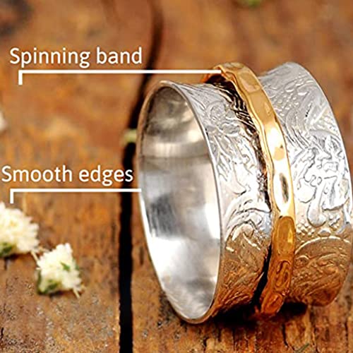 JUDE Stainless Steel Floral Pattern Chunky Size Rotating Spinner Band Ring - color: Silver Gold