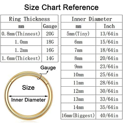 Nose Rings for Women, Gold Hypoallergenic Nose Ring Hoop, 316L Surgical Steel Septum Cartilage Earring, 20G 18G 16G 14 Guage Diameter 5mm to 16mm Body Piercing Lip Jewelry - color: Gold Plated, size: Inner Diameter: 8 mm