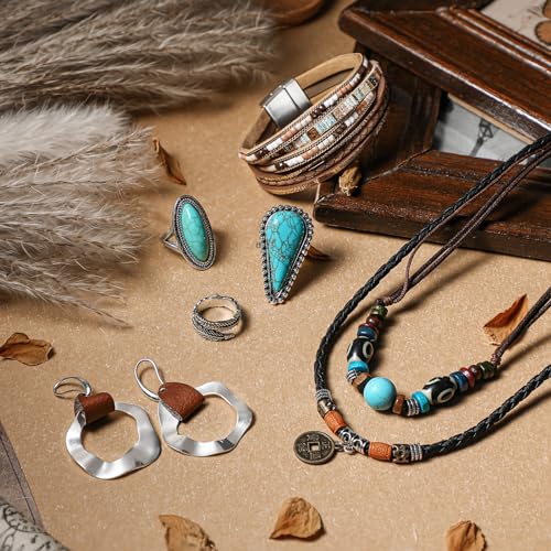 Ecally Bohemian Western Jewelry Turquoise Set Women Country Pendant Long Choker Layered Bracelets Earrings Ring for Women - color: Turquoise, style: Artistic