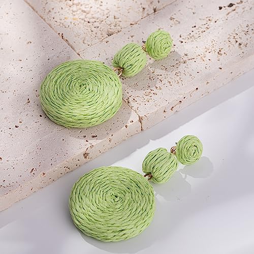 Statement Raffia Boho Round Dangle Ball Earrings - Cute Handmade Summer Bohemian Dangling Jewelry for Women - color: Lime Green
