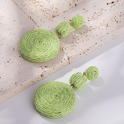 Statement Raffia Boho Round Dangle Ball Earrings - Cute Handmade Summer Bohemian Dangling Jewelry for Women - color: Lime Green