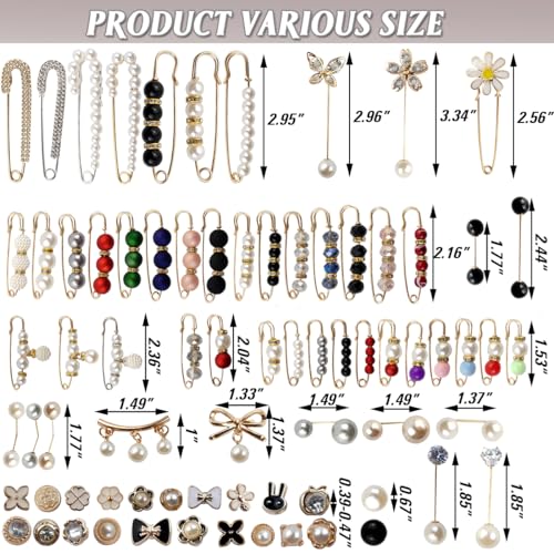 TIHOOD 110PCS Pearl Brooch Pins Women Decorative Safety Pins Pant Clothing Shawl Clips Artificial Pearls Brooch Elegant Pearl Cardigan Collar Brooch Clips Waist Tightener Safety Pins