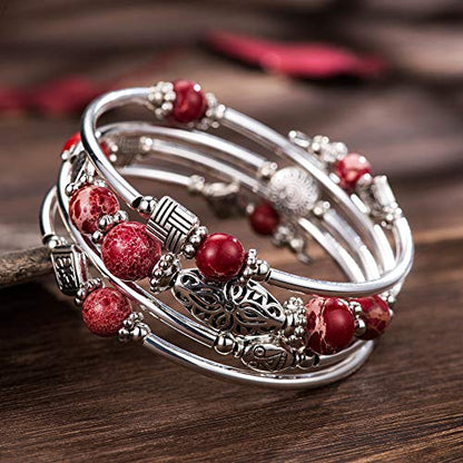 BULINLIN Layered Wrap Bangle Turquoise Bracelet - Bead Bracelet with Natural Agate Stone, Gifts For Women - color: 13-Imperial red