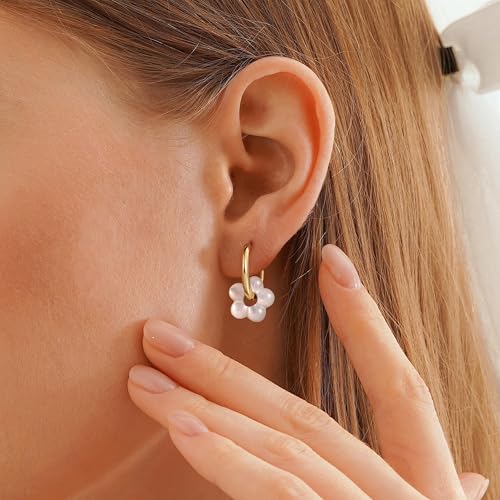 Robaice Pearl Earrings for Women, 14K Gold Plated Dangle Drop Earrings | Small Pearl Drop Huggie Hoop Earrings, Hypoallergenic Dainty Gold Earrings, Wedding Jewelry Gifts for Women Trendy - style: gold flower-1