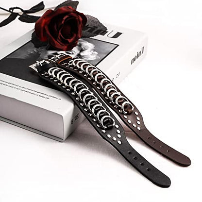Eigso Punk Leather Studded Rock Bracelet for Men Women Gothic Rivets Y2K Black Wristband for Man Woman - color: Brown