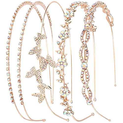 Wecoe 4 Pack AB Rhinestone Headbands Rose Gold Metal Headbands Flower Girl Bridal Wedding Headband Crystal Headpieces Flower Leaf Butterfly Headband Formal Hair Accessories For Women Girls Gifts - color: Rose gold band & AB rhinestones