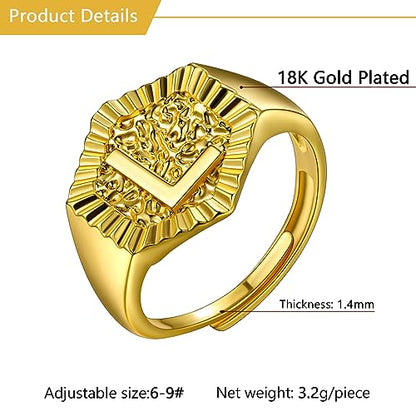 U7 Initial Ring Wedding Band for Men Women 18K Gold Plated Statement Hexagon A-Z Letter Jewelry Personalized Stackable Signet Rings - color: L