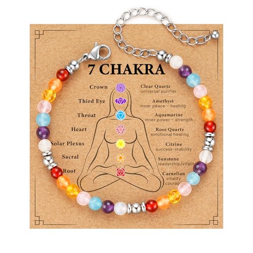Zocomi Natural Healing Crystal Bracelet for Women, Anxiety Relief Triple Protection 7 Chakras Jewelry Gift for Friends Daughter Mom 6.5+2 Inches - color: 7 Chakras