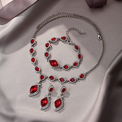 EVER FAITH Bridal Wedding Crystal Marquise Teardrop Pendant Necklace Earrings Bracelet Set for Prom - color: Red Silver-Tone