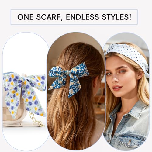 ZXZH 6 Pack Fashion Scarves for Women, Versatile Boho Head Scarf | Satin Scarf for Hair, Neck, Wrist, and Purse Accessories - color: Blue Preppy Print