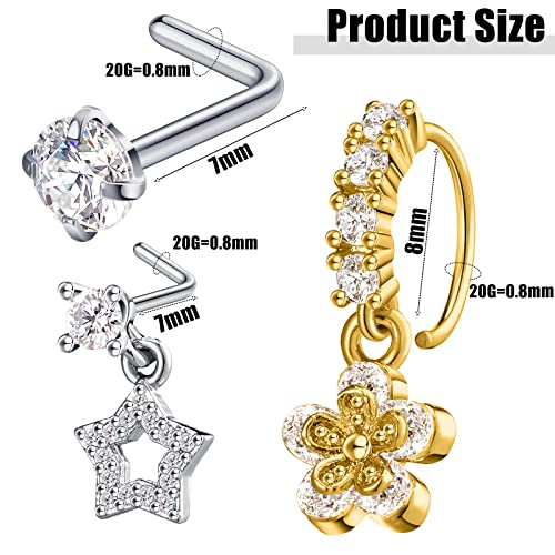 18 Pcs Dangle Nose Ring L Shaped Dangling Nose Stud Nose Ring Hoop Indian Nose Piercing Jewelry with Charm - color: Gold, Silver