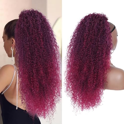 Alebery 27 Inch Drawstring Ponytail Extension for Black Women Deep Curly Ponytail Extension Synthetic Mixed with Human Hair Hairpieces Afro Kinky Curly Pony Tail for Daily Use (Purple Mixed Red) - color: Purple Mixed Red, size: 27 Inch
