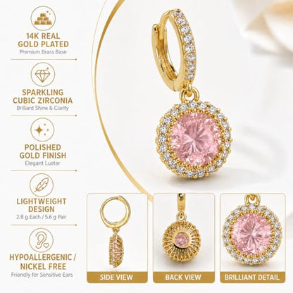 14K Gold Plated Hoop Dangle Earrings for Women, Hypoallergenic Colorful Cubic Zirconia Drop Earrings, Lightweight Huggie Earrings for Women - color: Gold/Pink