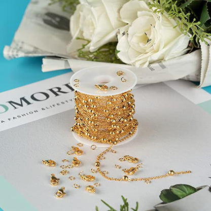 16.4 Feet Gold Stainless Steel Chains for Jewelry Making 4mm Ball Beaded Link Cable Chain Necklace Spool Bulk with 10 Lobster Clasps and 30 Jump Rings for Men Women - color: Gold Bead