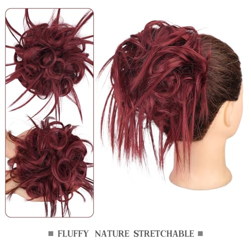 HMD Tousled Updo Messy Bun Hair Piece for Women Synthetic Hair Extension | Messy Bun Hair Piece with Elastic Scrunchie Synthetic Tousled Updos Ponytail Hairstyles for Daily Wear - color: Burgundy