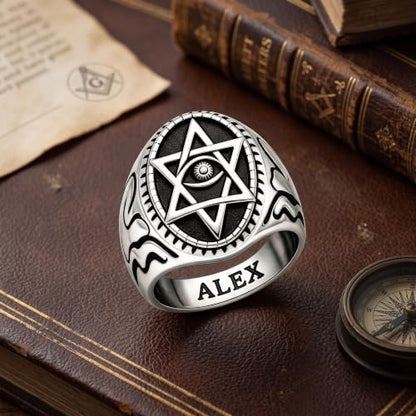 Dacc & Aya Custom Engraved Vintage Signet Ring 925 Sterling Silver Black Oxidized Personalized Statement Jewelry for Men - style: A-Hexagram
