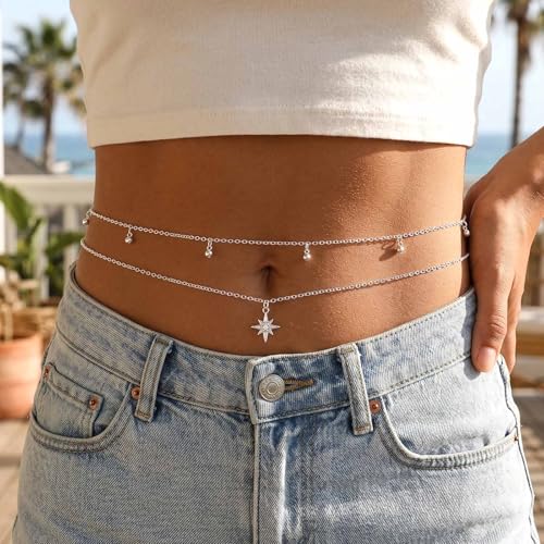 Waist Chain Silver Beads Belly Chain Gold silver Women Dainty Body Jewelry Accessories - color: silver sun - 30 + 8 in