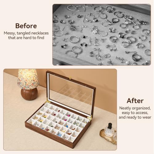 Black Walnut Wooden Jewelry Box, 40 Grid Earring Display Case for Women | Solid Wood, Earrings Organizer, Rings Stud Holder, Jewelry Tray, Glass Lid, Handcrafted, Velvet Lined, Gifts for Girls Mom - color: 40 Grids Jewelry Box
