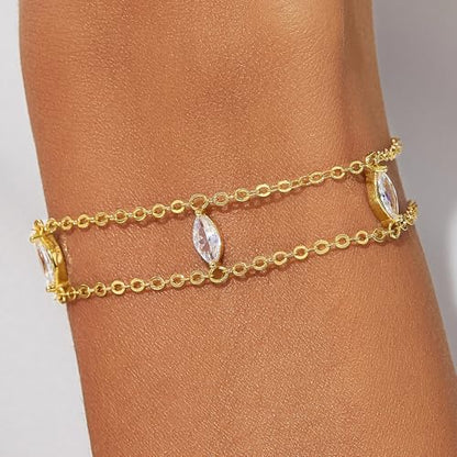 Cicy Bell Hand Chain Bracelets for Women 18K Gold Plated | Layered Stackable Dainty Ring Bracelets, Adjustable Satellite Bead Dot Link Finger Bracelets - color: Style M-Gold
