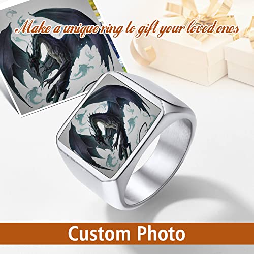 FindChic Customized Signet Photo Rings Square/Heart/Round Chunky Band Ring Stainless Steel/18K Gold Plated/Black Size 7 to 14 Personalized Jewelry for Men Women, Send Gift Box - color: 01. square-no stones (stainless steel)