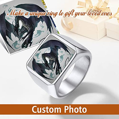 FindChic Customized Signet Photo Rings Square/Heart/Round Chunky Band Ring Stainless Steel/18K Gold Plated/Black Size 7 to 14 Personalized Jewelry for Men Women, Send Gift Box - color: 01. square-no stones (stainless steel)