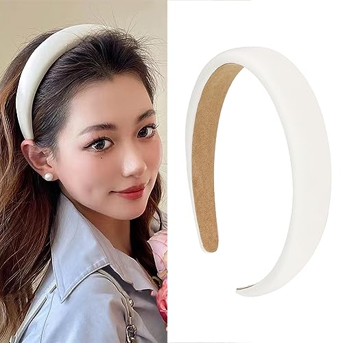 White Padded Wide Thick Solid Sponge Headbands - Simple No Slip Trendy Satin Hair Bands for Women and Girls, No Teeth Hair Accessories - color: White