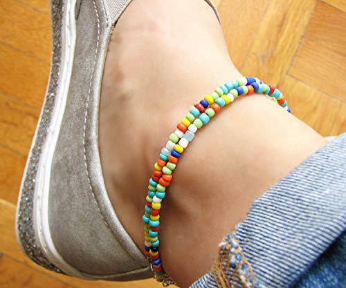 Starain Small Bead Anklets for Women Beach Foot Ankle Bracelet Cute Colorful Boho Beaded Anklets 8 inches - color: Double layerd seed bead anklet