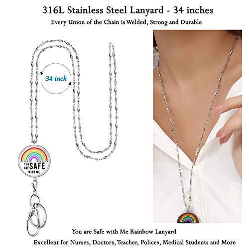 Lanyards for ID Badges, Lanyard with ID Holder, You're Safe with Me | Stainless Steel Key Chain Keychain, Cute Rainbow Badge Lanyards for Women, Nurse Accessories Teacher Appreciation Gift - color: Rainbow-you Are Safe With Me Black