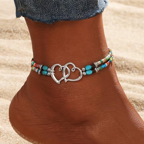 Qceasiy Shell Ankle Bracelets for Women, Boho Beaded Beach Anklet Set | Seashell, Heart, Starfish and Conch Styles, Gold-Tone, Stretch or Adjustable Fit, Layered Beach Vacation Jewelry Gifts - color: Colorful 1