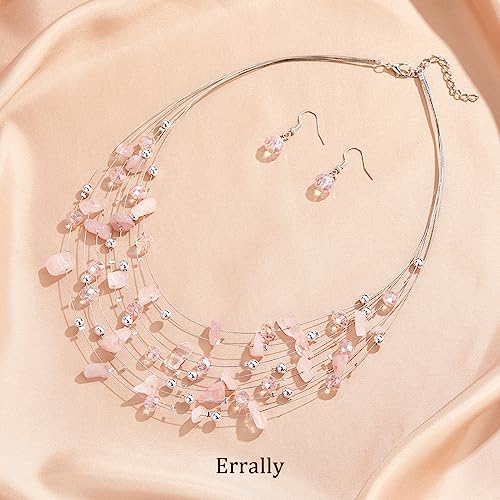 Multi-Layer Boho Shell Beaded Necklace for Women Colorful Crystal Strand with Silver Beads Statement Collars Necklace and Earrings Costumes Jewelry Sets for Women - color: 48-Pink
