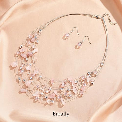 Multi-Layer Boho Shell Beaded Necklace for Women Colorful Crystal Strand with Silver Beads Statement Collars Necklace and Earrings Costumes Jewelry Sets for Women - color: 48-Pink