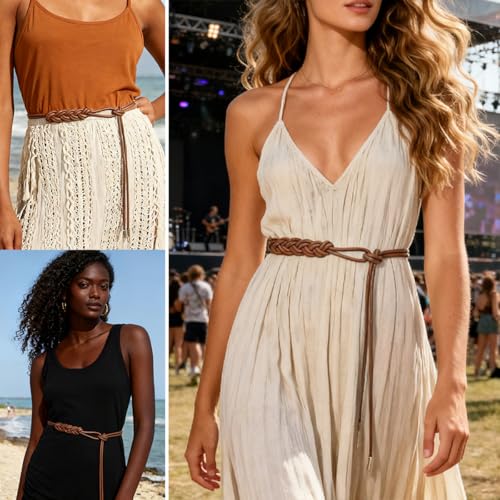 Women's Knotted Thin Waist Belt PU Leather Skinny Belts for Dresses Pants - color: Plaited Hair-brown