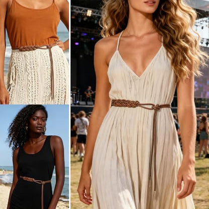 Women's Knotted Thin Waist Belt PU Leather Skinny Belts for Dresses Pants - color: Plaited Hair-brown