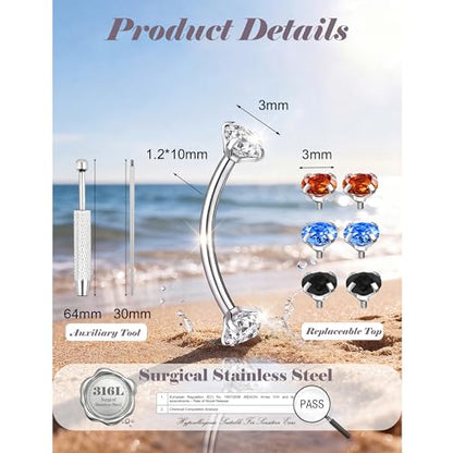 16G Eyebrow Piercing Jewelry 316L Stainless Steel | Internally Threaded CZ, 6-14MM, Multi-Purpose: Rook, Lip, Navel, Ear, For Women - style: 10MM
