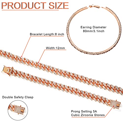 Batiyeer 3 Pcs Cuban Link Chain Necklace Bracelet Rhinestone Hoop Earrings Bling Crystal Hip Hop Jewelry for Women(20 Inch,Rose Gold) - color: Rose Gold, size: 20 Inch